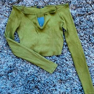 Olive V-line Ribbed Crop Top | Stretchy